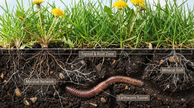 Soil cross-section with labeled earthworm tunnel and mycelial network