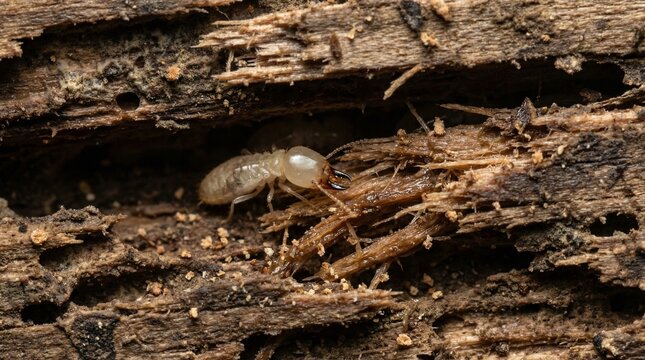 Termite crawling on decaying wood with damaged texture