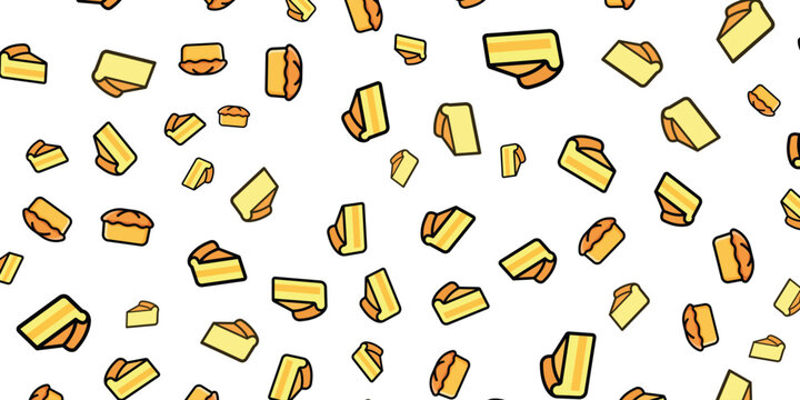 Seamless pattern of delicious cartoon cake slices with creamy filling on a white background