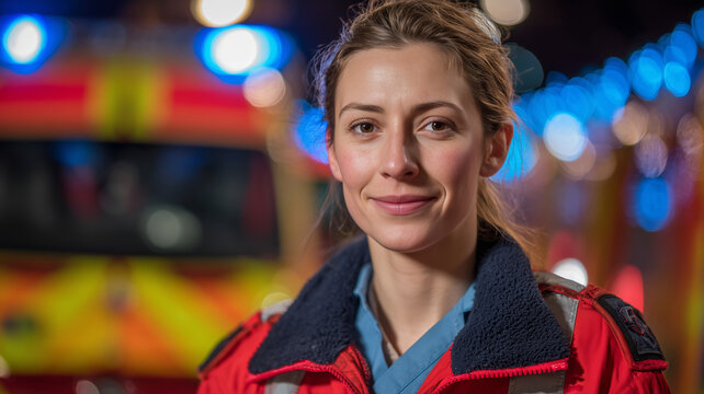 A young white paramedic woman in front of an ambulance. Portrait in a night setting: red jacket, blue beacons and side lights, service uniform, street lighting, close-up.