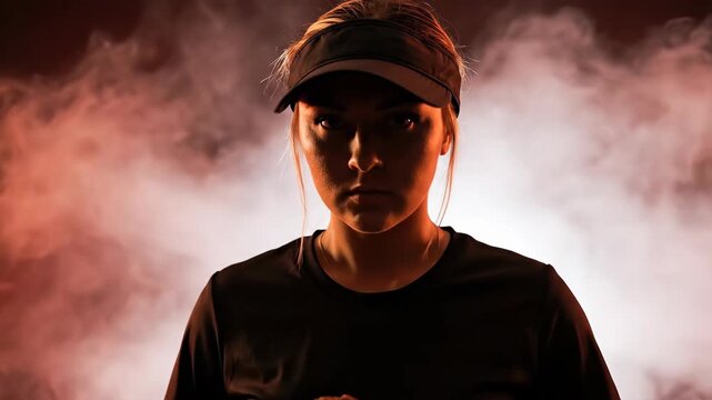 caucasian softball player holding ball behind back in dramatic red light and smoke. professional female athlete portrait with glove. sport competition 