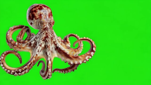 Realistic octopus moving on green screen background. Cheerful Octopus: A charming and jovial octopus happily, its tentacles gracefully spread, set against a vibrant green backdrop.
