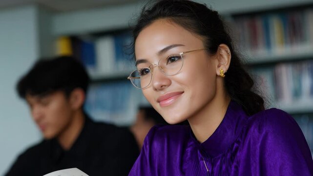 Student in purple blouse and glasses smiles warmly while studying, library setting, academic environment, focused learner, quiet reading room.