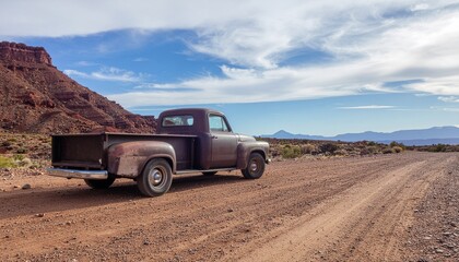 Old rusted classic american pickup truck in native farm location