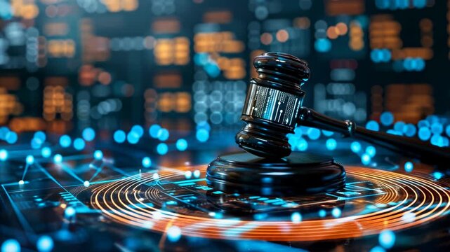 Law enforcement striking digital data, cyber court verdict, tech regulation, blockchain justice, governance, digital law enforcement, smart contract enforcement.