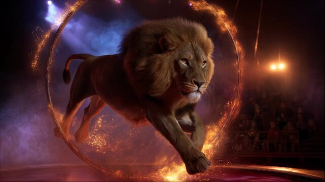 Lion performing acrobatic leap through flaming hoop, circus act, wild animal show, arena spectacle, dramatic lighting, roaring, theatrical performance.