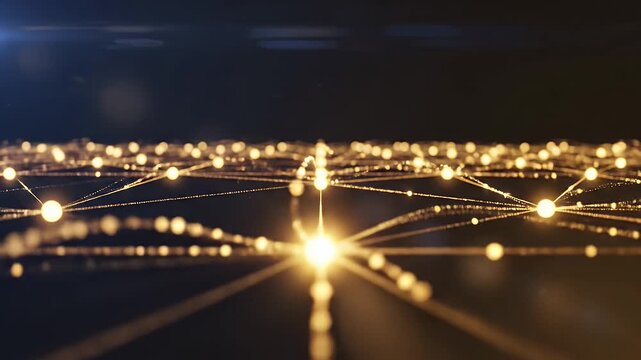 Abstract glowing network of connected luminous points and lines on a dark background, representing digital connections and data flow