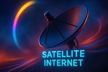 Illuminated satellite dish representing modern satellite internet technology in a dynamic visual landscape showcasing connectivity and digital communication evolution