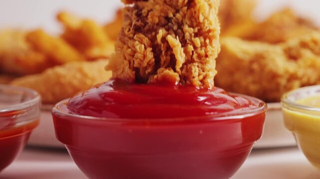 Close up shot of hand dipping wings into ketchup. Tasty set of french fries, chicken wings, nuggets and onion rings. Fast food concept. High quality 4k footage