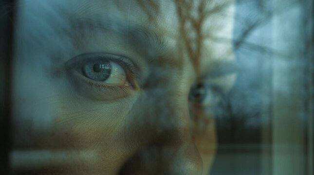 Window reflection used to suggest an inner emotional state rather than surroundings, creating a cinematic, introspective image where perception and feeling outweigh physical environment.
