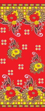 Colorful Floral Saree Design Vector - Indian Ethnic Paisley Pattern with Red and Yellow Flower Motifs