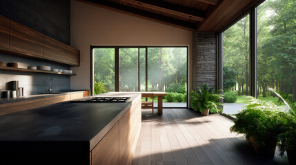 Fototapeta premium Kitchen interior with large windows overlooking a lush green forest in bright natural sunlight
