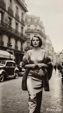 Walking down a Paris street in the 1930s with classic cars and vintage fashion on display