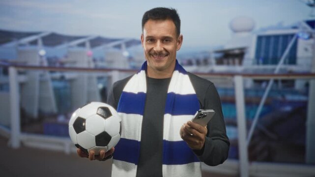 Hispanic man holding soccer ball and smartphone, smiling with visible hands on ship deck building; pride celebration.