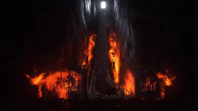 Hell gates. Road to hell fire. Devil portal. Sinner. Religious concept. Realistic 4k animation.