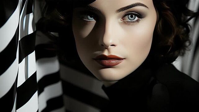 Woman with striking blue eyes and red lips peering through black and white striped curtain, dramatic lighting, cinematic portrait, fashion model, high contrast.