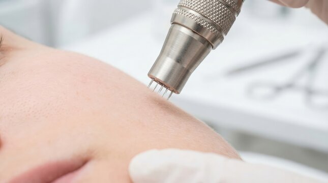 Closeup of microneedling device performing a cosmetic skin treatment on a patients face facial aesthetics concept