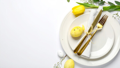 Eleganter Ostertisch mit Tulpe, Pastell-Serviette und Ostereiern