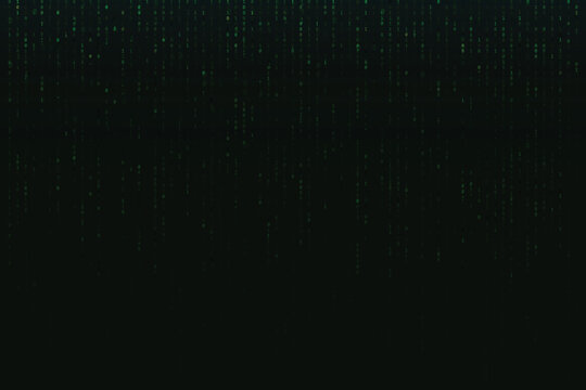 Green binary code rain falling on dark background creating a futuristic cyber space atmosphere. Concept of technology, data security, hacking, artificial intelligence and digital network.