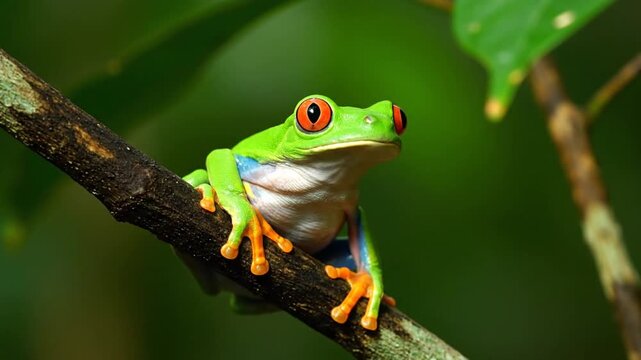 Vivid portrait of a tree frog with vibrant green skin, orange toes and eyes, perched on a branch