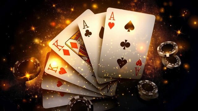 Winning poker hand with Aces and Kings glowing amidst casino chips and sparkles, high stakes gambling, flush potential, casino table, card game excitement.