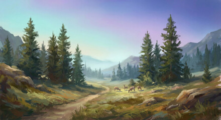 Serene Mountain Meadow With Deer Amid Tall Pines At Sunrise In a Quiet Valley Scene.