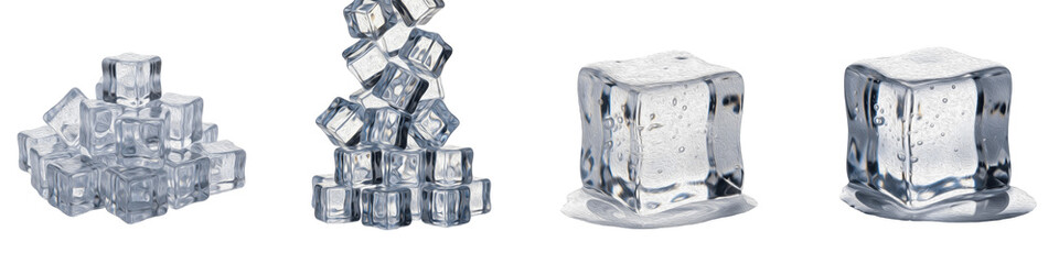 Crystal Clear Ice Cube PNG Isolated White Background, Falling Ice Cube Stack Set, Realistic Frozen Water Square Collection, Cold Drink Beverage Design Clipart