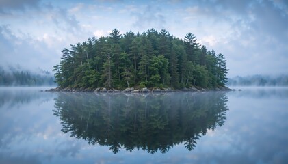 Obraz premium Forested island reflecting in a still lake with morning mist. Symmetrical landscape of a small island surrounded by water. Nature wilderness background