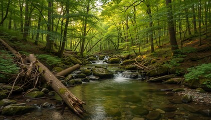 Obraz premium Stream flowing through a lush green forest. Sunlight filtering through trees in a woodland landscape. Nature background with mossy rocks and clear water
