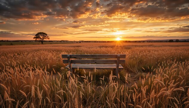 Wooden bench in a golden wheat field at sunset. Rural landscape with an empty seat in a grain field under an orange sky. Agriculture and harvest concept