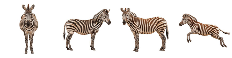 Plains Zebra PNG Isolated White Background, Wild African Zebra Set, Standing and Galloping Striped Equine Collection, Realistic Safari Wildlife Animal Clipart