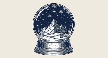 A serene winter landscape scene enclosed in a glass snow globe viewed from the side with snow-covered mountains and trees inside