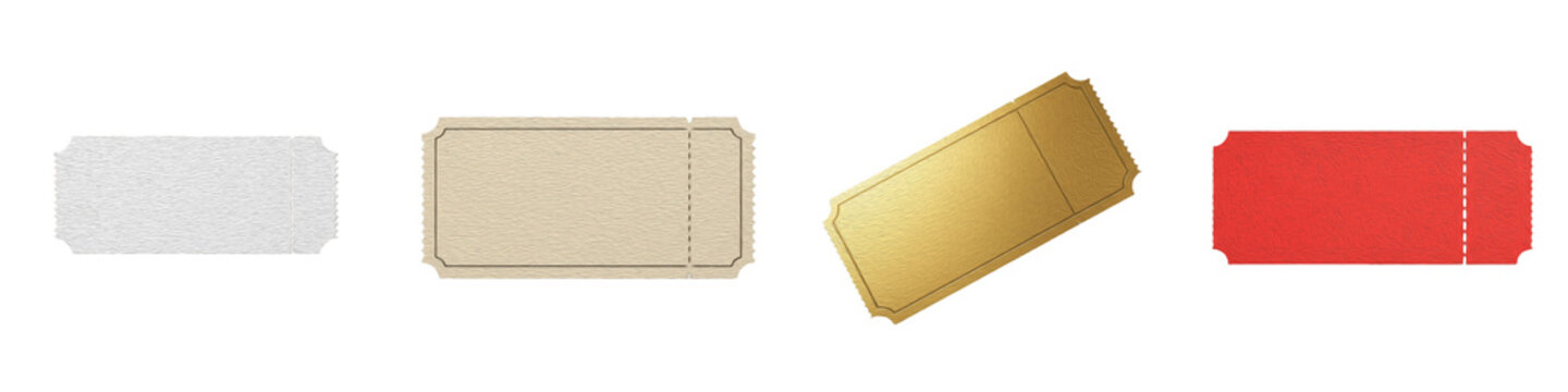 Blank Event Ticket PNG Isolated White Background, Gold Silver Red Raffle Ticket Set, Cinema Movie Entry Stub Collection, Admit One Coupon Voucher Clipart