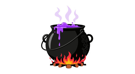 Mystical cauldron bubbling with purple potion over fiery flames in a magical illustration