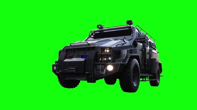 Static armor swat police car green screen isolate. Realistic flashing lights.