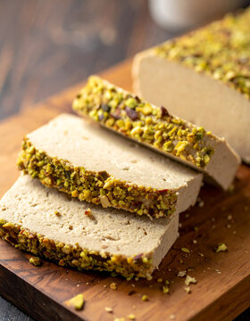Slices of traditional sesame halva with crushed pistachios on wooden board, appetizing sweet food, tasty