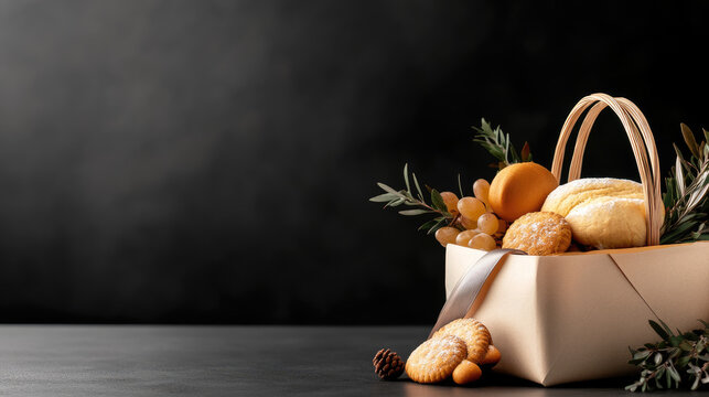 Minimalist white gift basket filled with traditional Purim hamantaschen cookies and other festive sweets. Accompanied by natural pampas grass