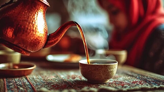 Copper kettle pouring tea into cup