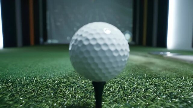 Golf ball on a tee in a golf simulator, ready for a swing, close-up view.