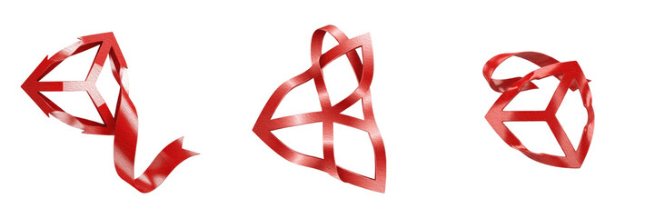 Set and collection of abstract 3D red ribbon geometric heart shapes with twisted silk textures for modern Valentine's Day and romantic wedding decor isolated on white transparent png background