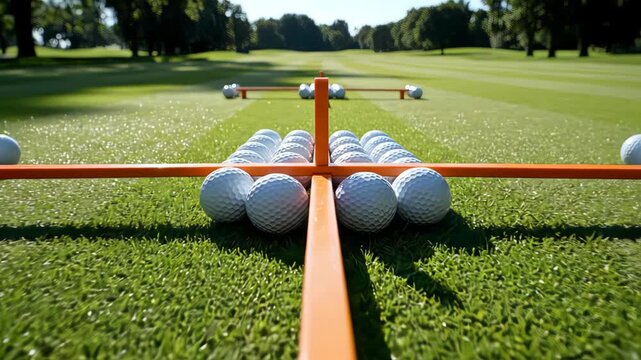 Golf Balls Lined Up on a Driving Range with an Alignment Aid on a Sunny Day.