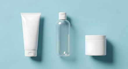 Skincare products arranged on blue background for beauty and cosmetics advertising