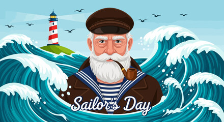 A cartoon sailor stands proudly in turbulent ocean waves with a lighthouse in the background on a serene day © John