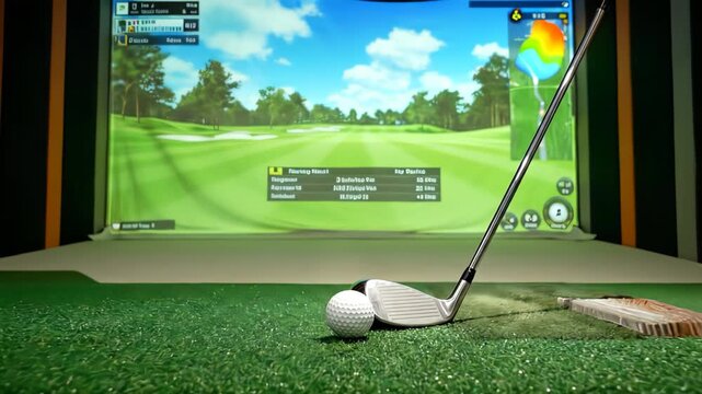 Golf club and ball on artificial turf in a golf simulator, ready for a swing with a virtual course projected in the background.