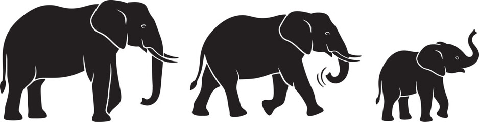 Black elephant silhouettes, family of three walking, vector illustration, isolated on transparent background, png