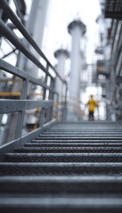 Obraz premium High-Angle View of Female Technician on Metal Stairs in Refinery