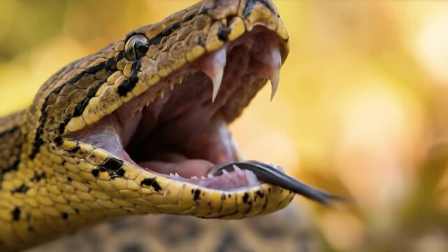 Extreme closeup of a venomous snake with mouth wide open showing sharp fangs and flicking tongue