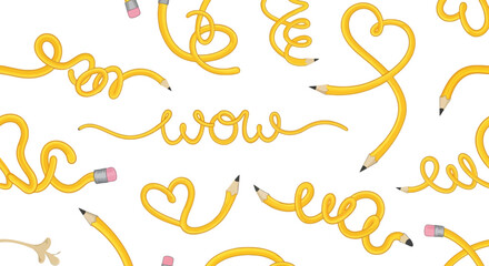 Obraz premium Yellow pencils arranged in a heart shape with 'wow' written, forming a lively pattern, illustration, close-up view