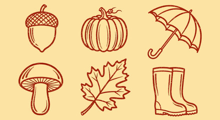 A collection of autumn-themed illustrations featuring a pumpkin, acorn, mushroom, leaf, boots, and umbrella from a straightforward viewpoint © John