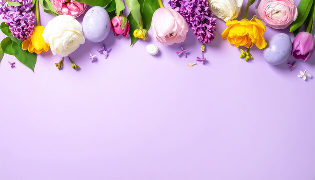 Pastell Osterlayout mit Blumen und Eiern auf violettem Hintergrund